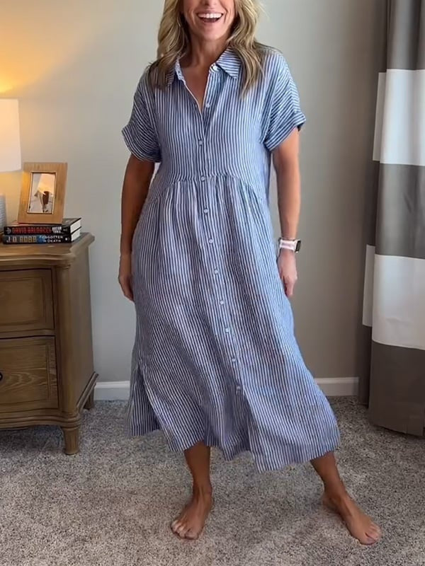 Midi Dress with Stripes and Short Sleeves for Women