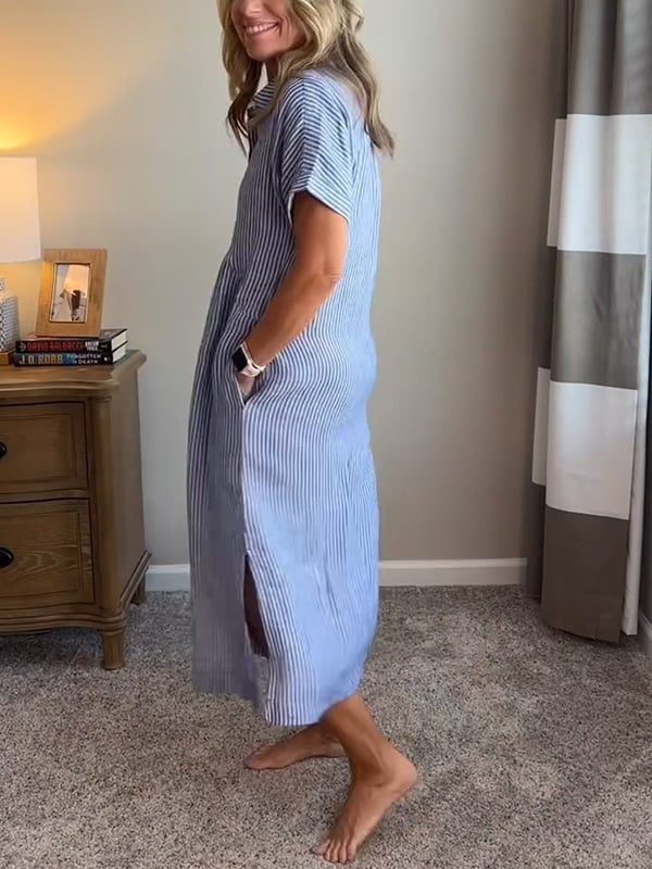 Midi Dress with Stripes and Short Sleeves for Women