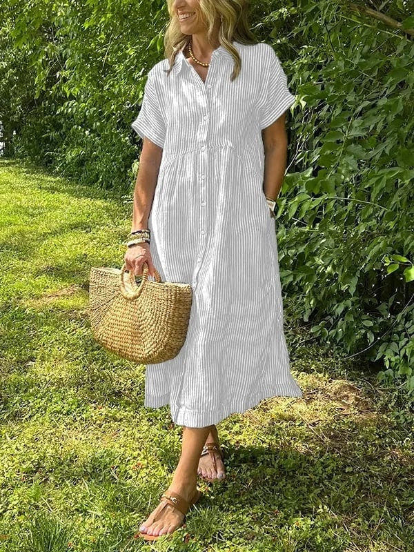 Midi Dress with Stripes and Short Sleeves for Women