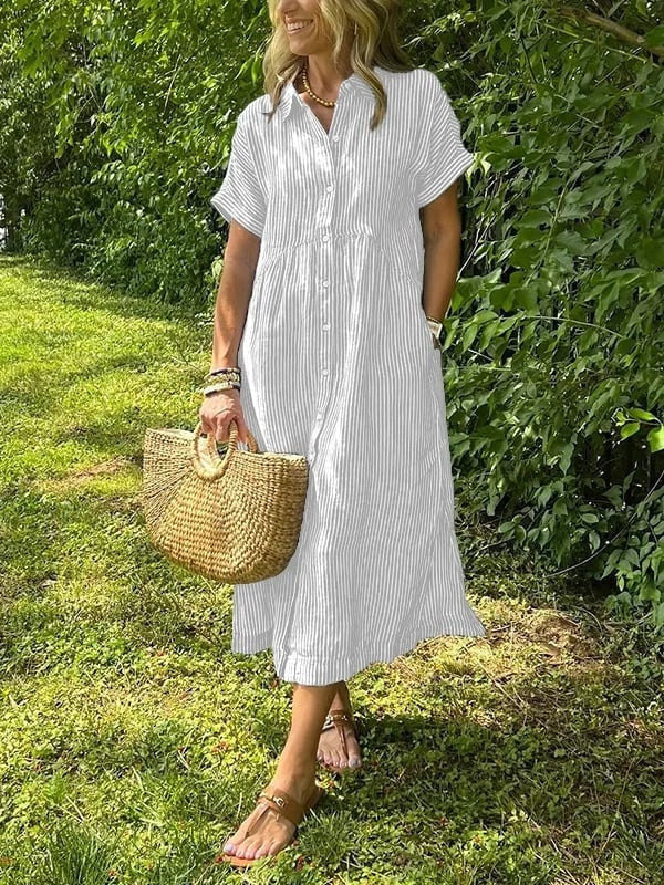 Midi Dress with Stripes and Short Sleeves for Women