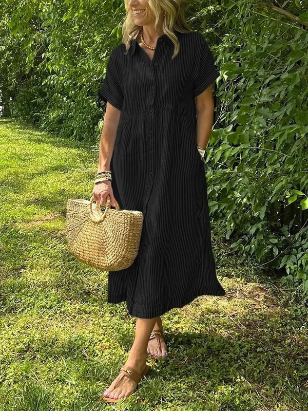 Midi Dress with Stripes and Short Sleeves for Women