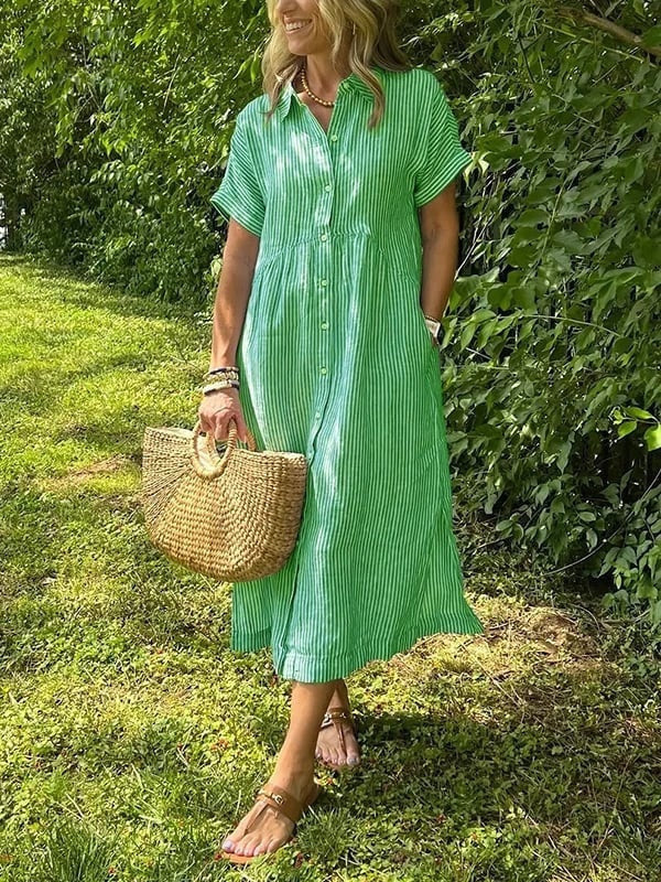Midi Dress with Stripes and Short Sleeves for Women