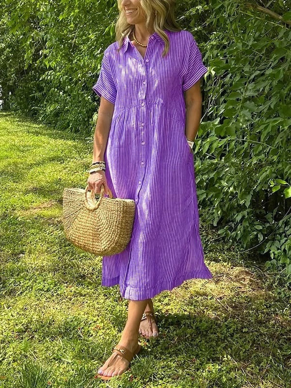 Midi Dress with Stripes and Short Sleeves for Women