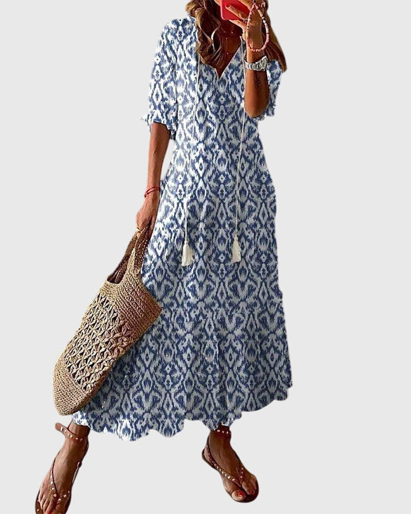 Midi Dress with Vintage Print and V-Neck for Women