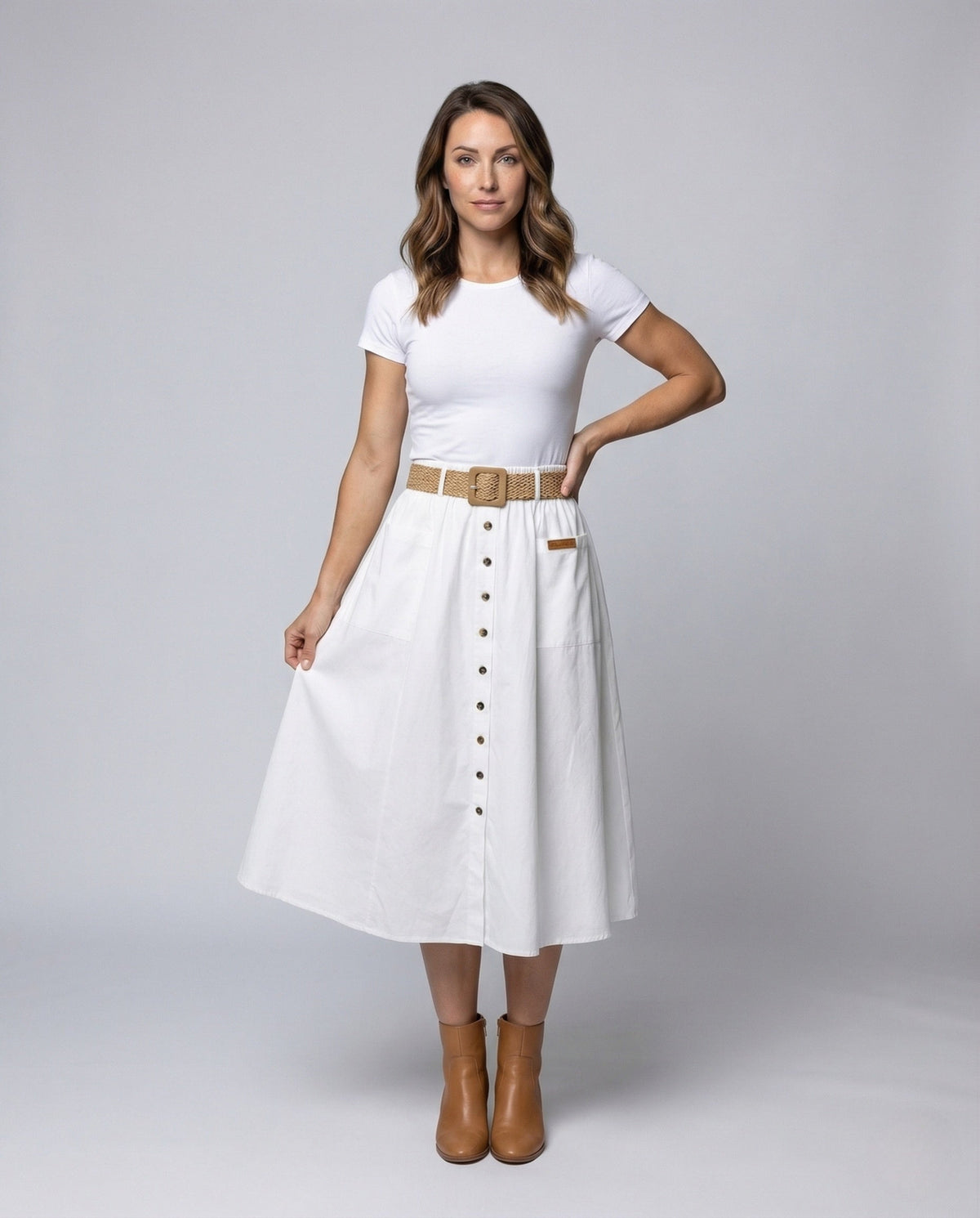 Midi Skirt with A-Line Cut and Button Front for Women