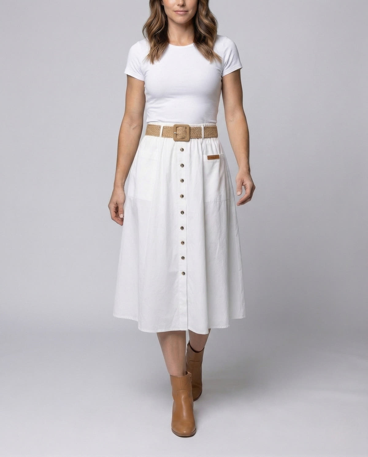 Midi Skirt with A-Line Cut and Button Front for Women