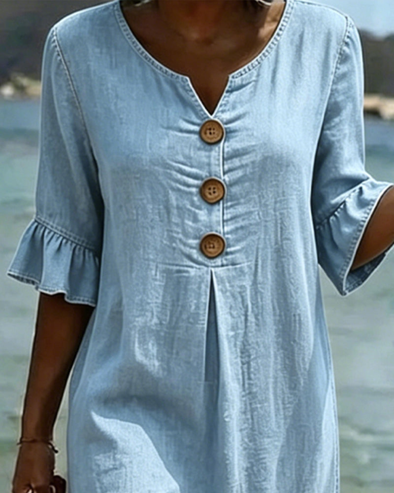 Mini Dress in Denim with Flared Sleeves and Front Buttons for Women