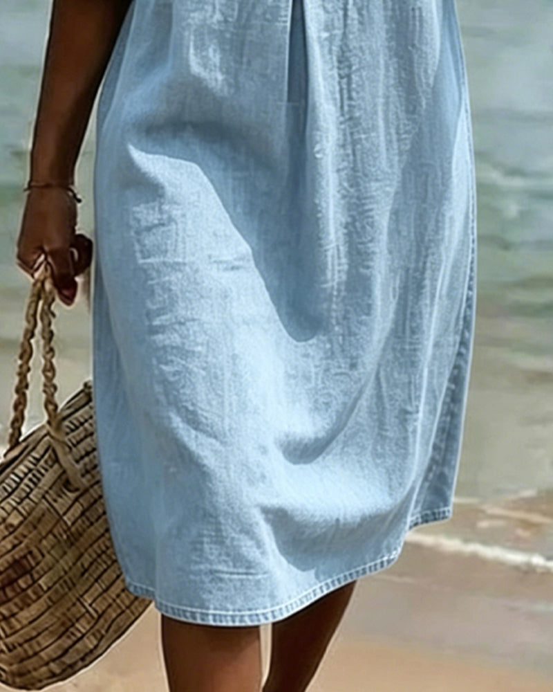 Mini Dress in Denim with Flared Sleeves and Front Buttons for Women