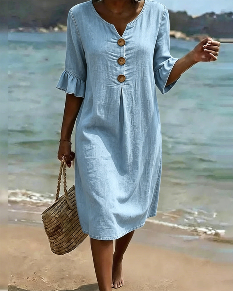 Mini Dress in Denim with Flared Sleeves and Front Buttons for Women
