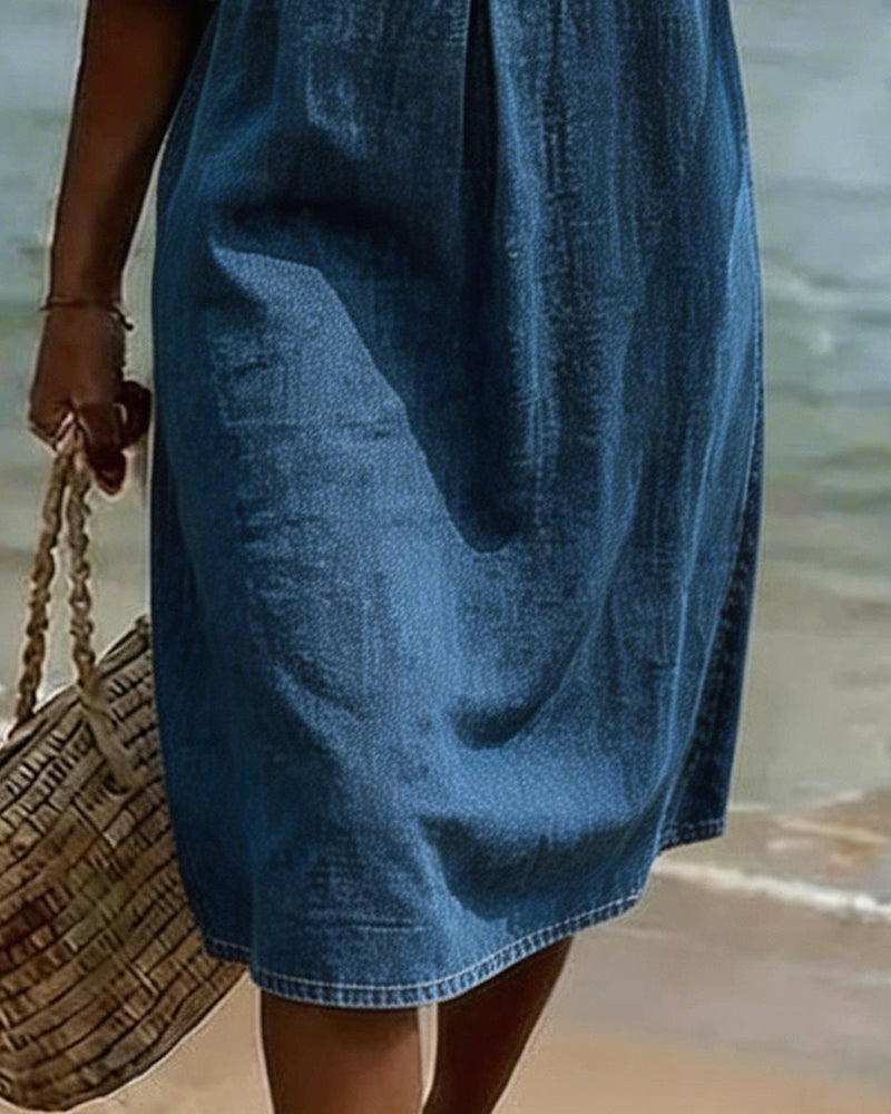 Mini Dress in Denim with Flared Sleeves and Front Buttons for Women