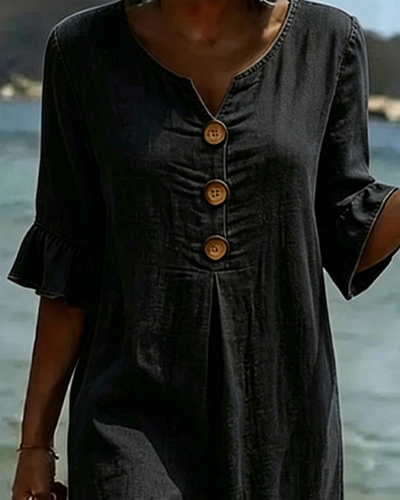 Mini Dress in Denim with Flared Sleeves and Front Buttons for Women