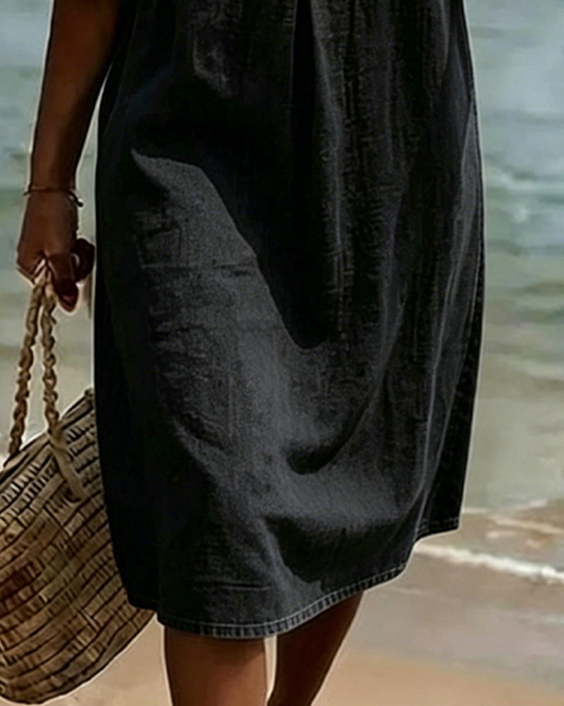Mini Dress in Denim with Flared Sleeves and Front Buttons for Women