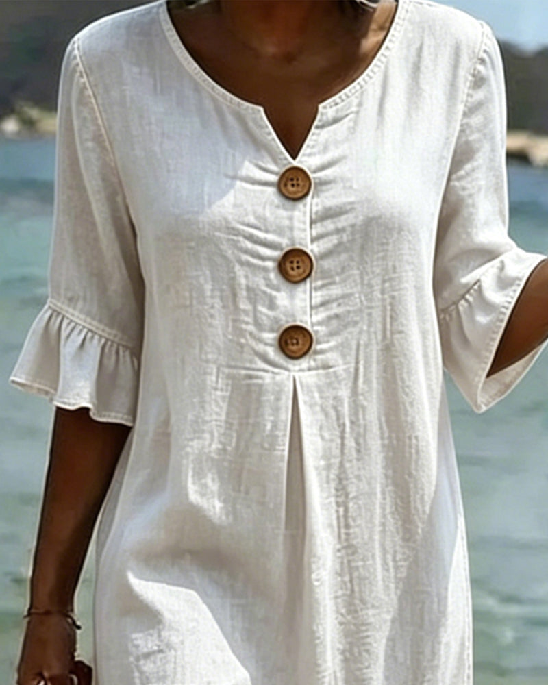 Mini Dress in Denim with Flared Sleeves and Front Buttons for Women