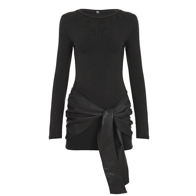 Mini Dress with Faux Leather Waist and Draping for Women
