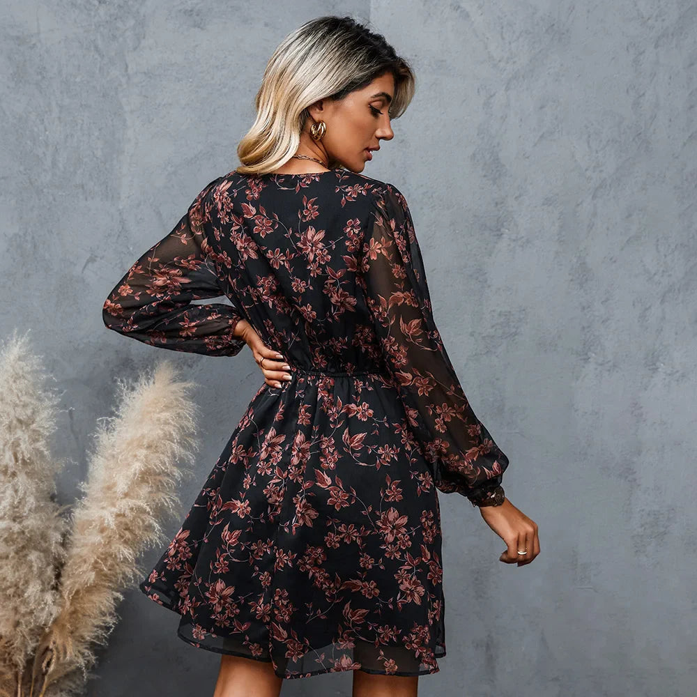 Mini Dress with Floral Print, V-Neck and Long Sleeves