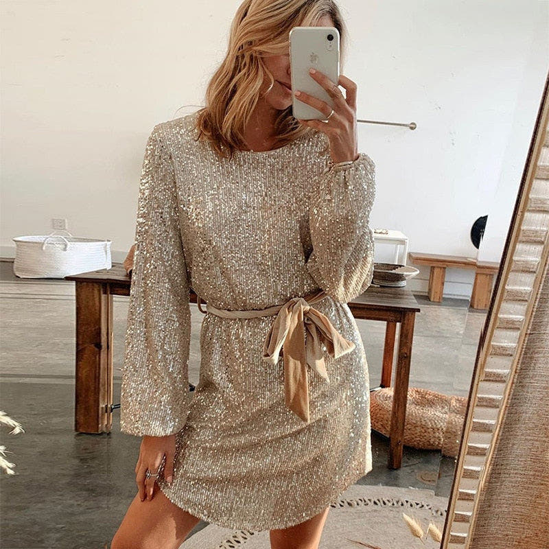 Mini Dress with Sequins, Long Sleeves and Matching Belt