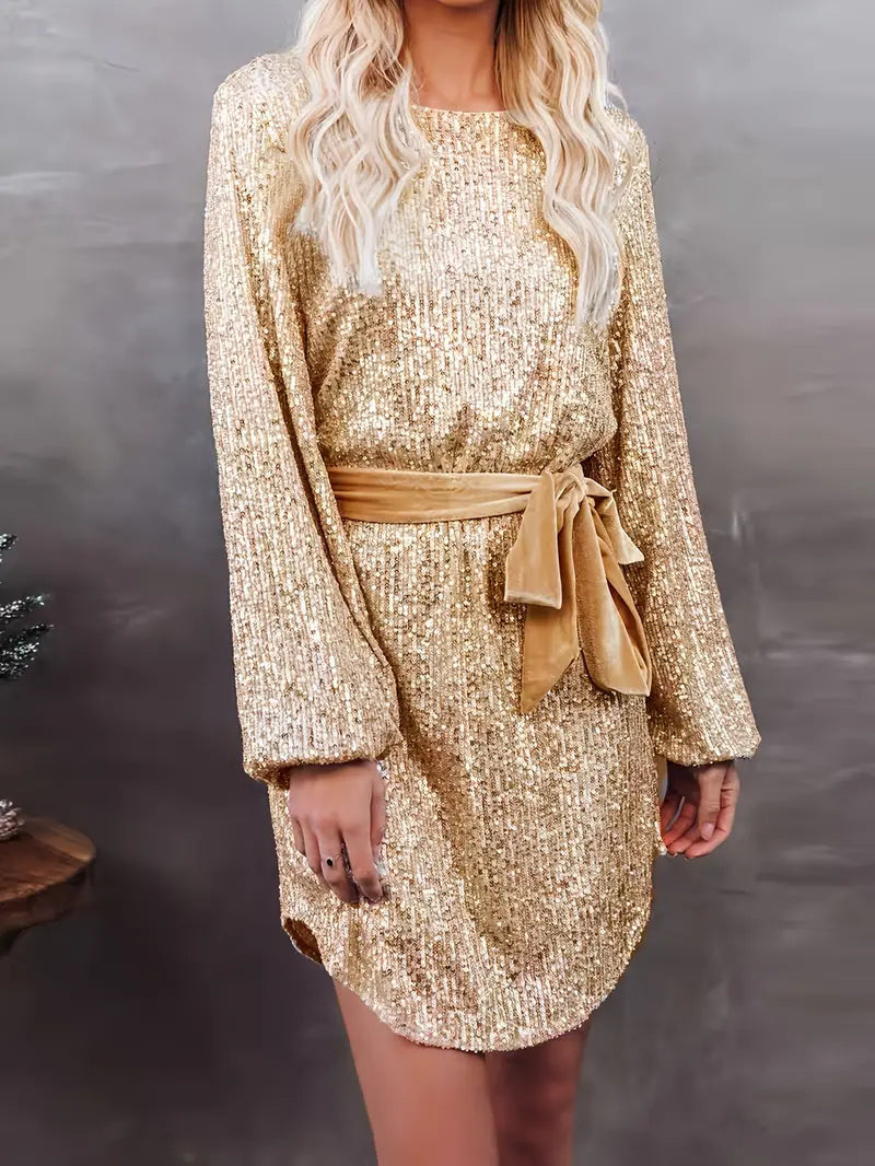 Mini Dress with Sequins, Long Sleeves and Matching Belt