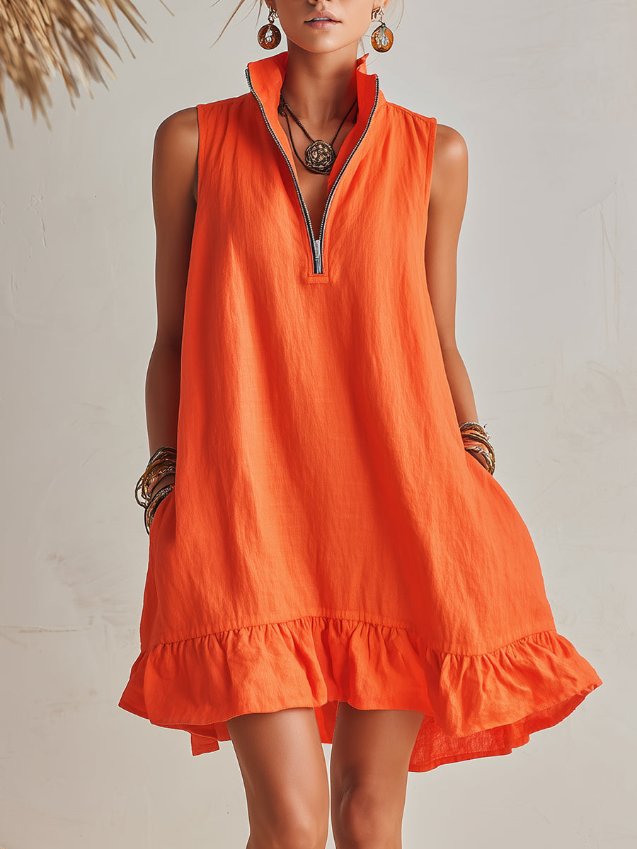 Mini Dress with Stand Collar, Half Zip and Ruffled Hem
