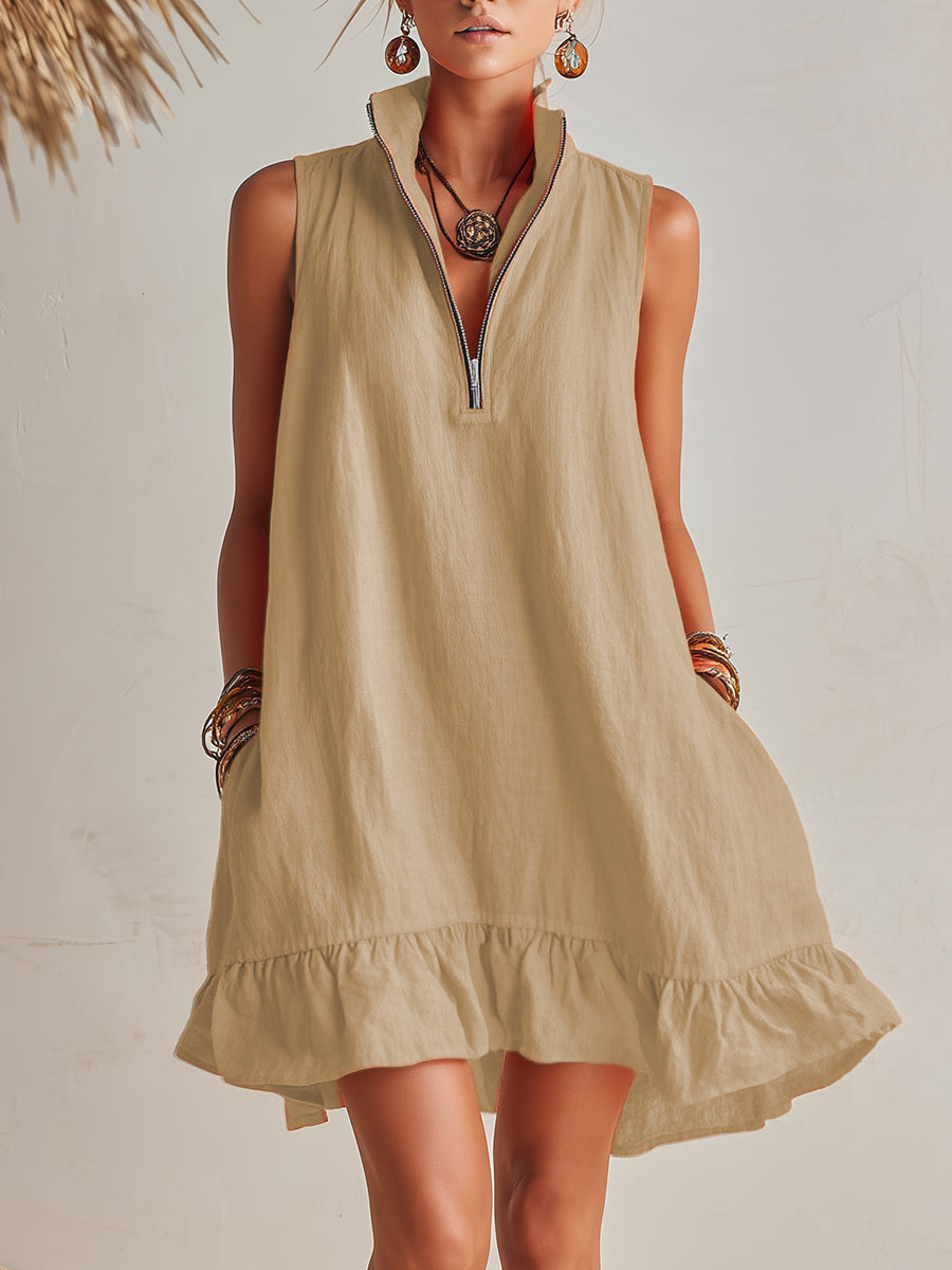 Mini Dress with Stand Collar, Half Zip and Ruffled Hem