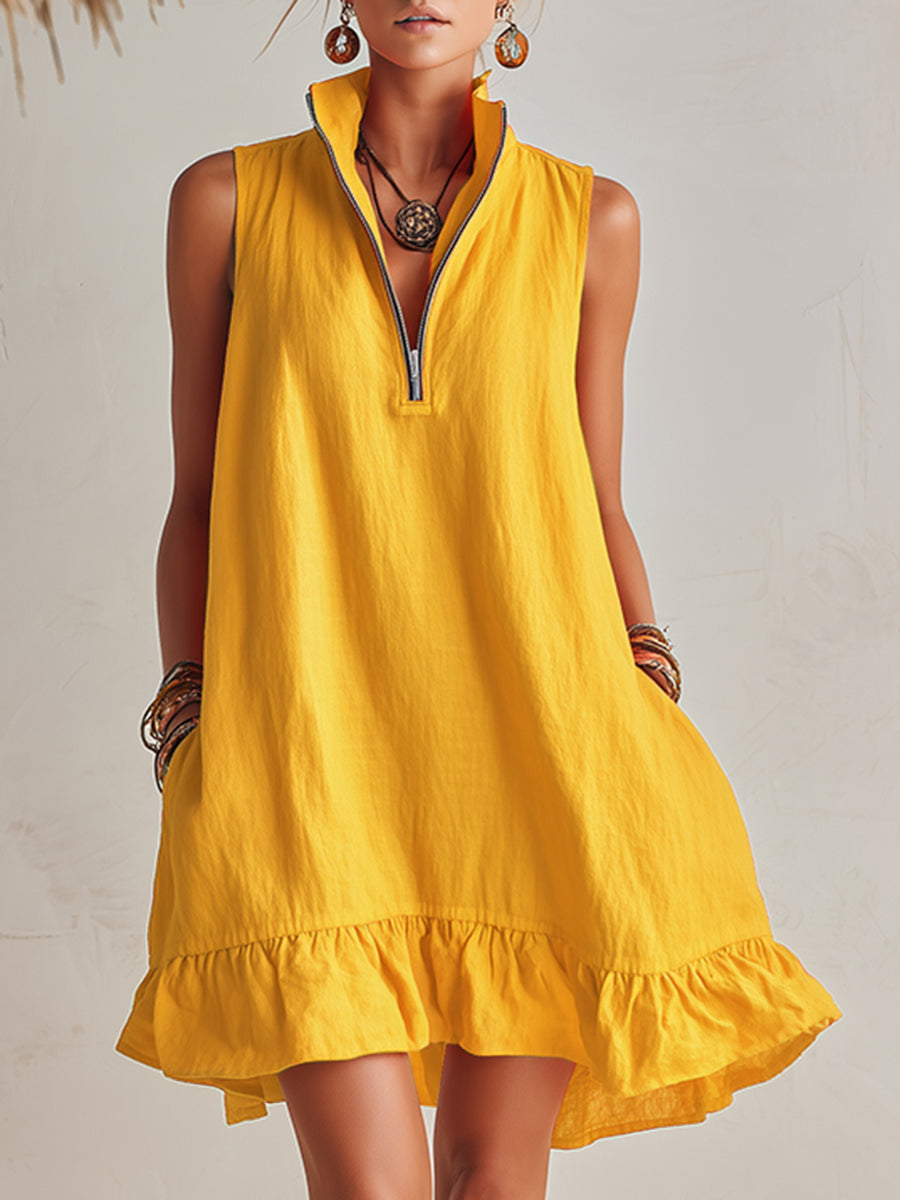 Mini Dress with Stand Collar, Half Zip and Ruffled Hem