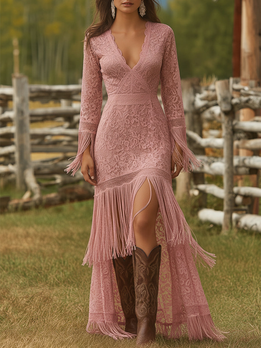 Party Dress with Floral Lace, V-Neck and Fringe