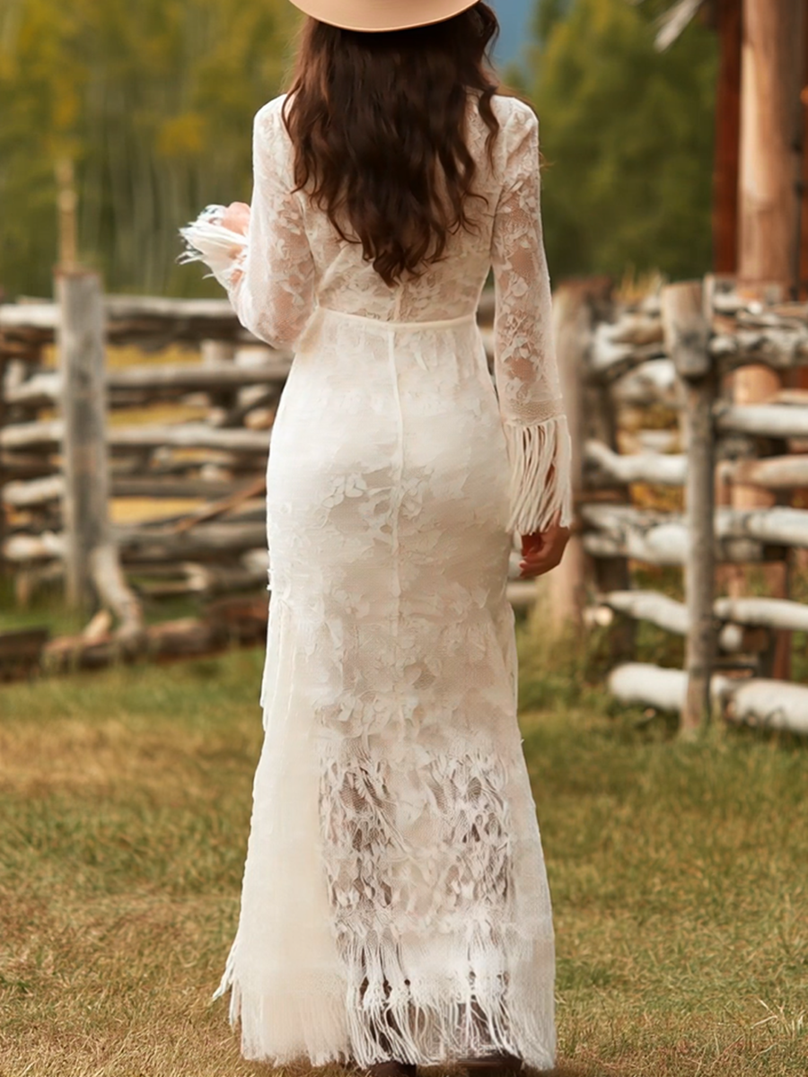 Party Dress with Floral Lace, V-Neck and Fringe