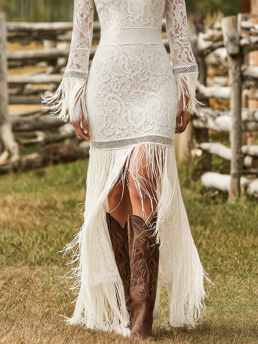 Party Dress with Floral Lace, V-Neck and Fringe