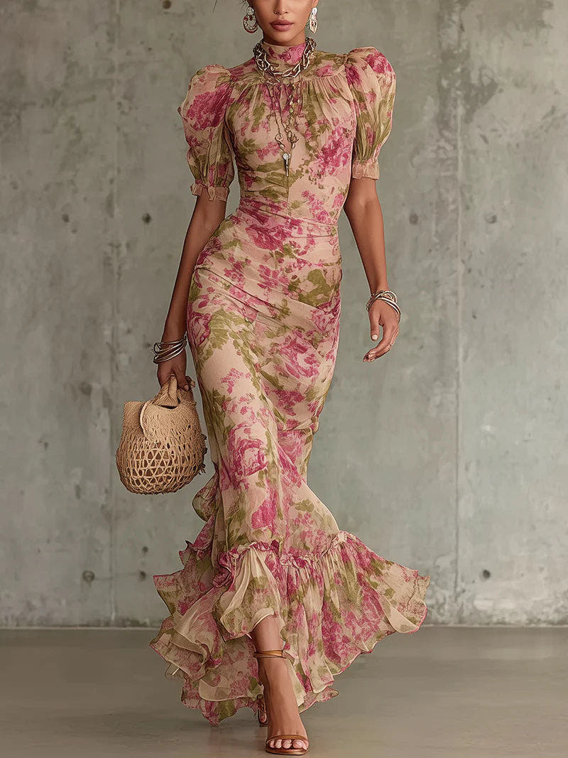 Party Dress with Floral Print, Ruching and Fishtail Hem