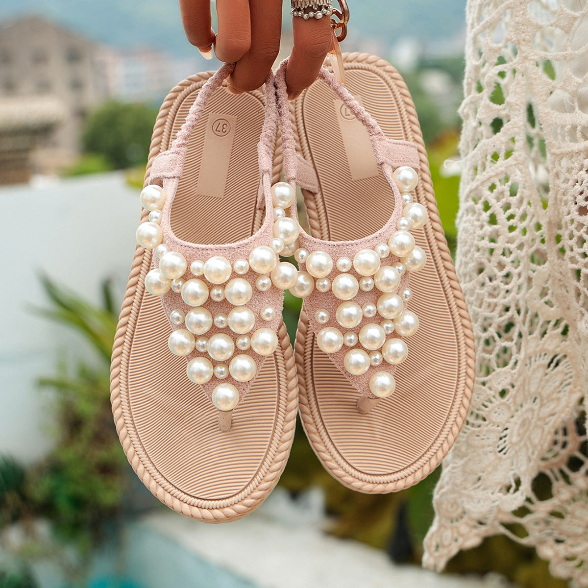 Sandals with Toe-Post Design and Pearl Details for Women