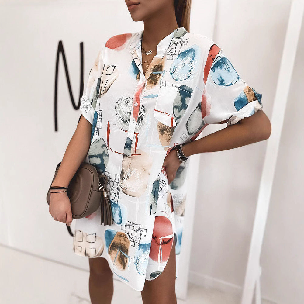 Shirt Dress with Floral Print and Buttons for Women