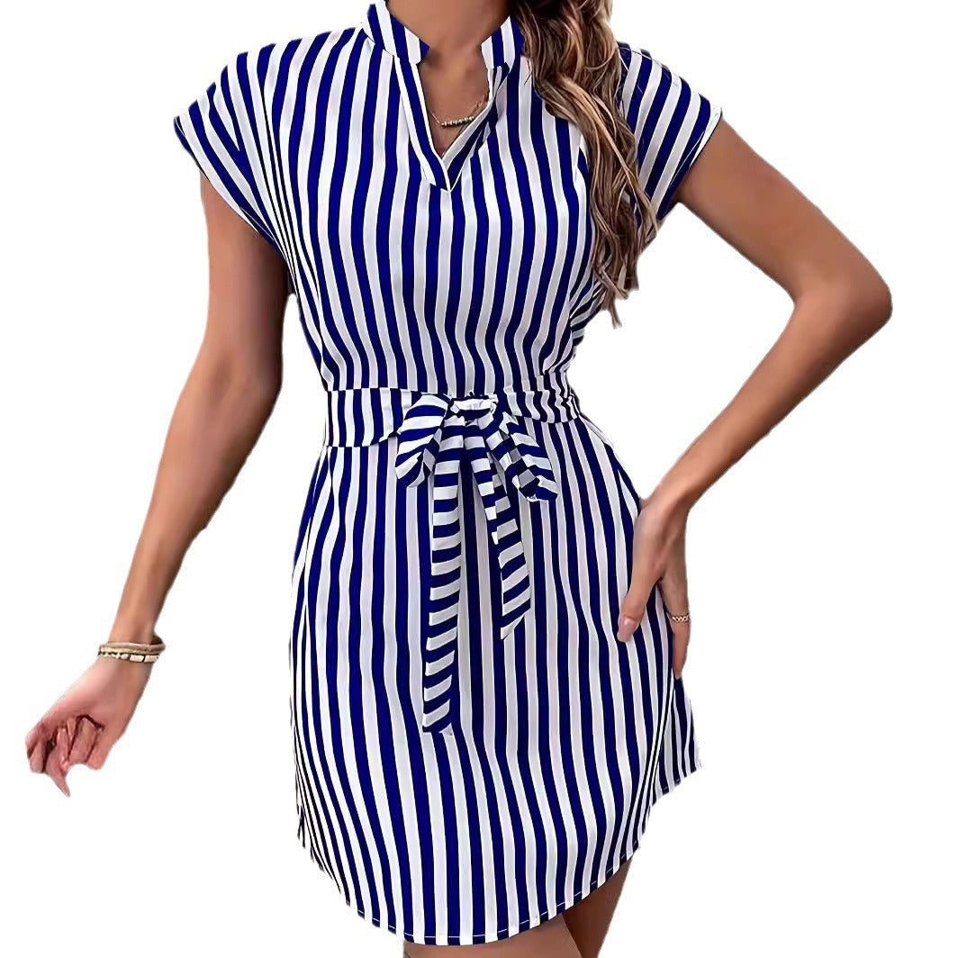 Shirt Dress with Stripes and Slim Waist Belt for Women