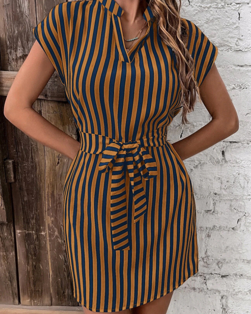 Shirt Dress with Stripes and Slim Waist Belt for Women