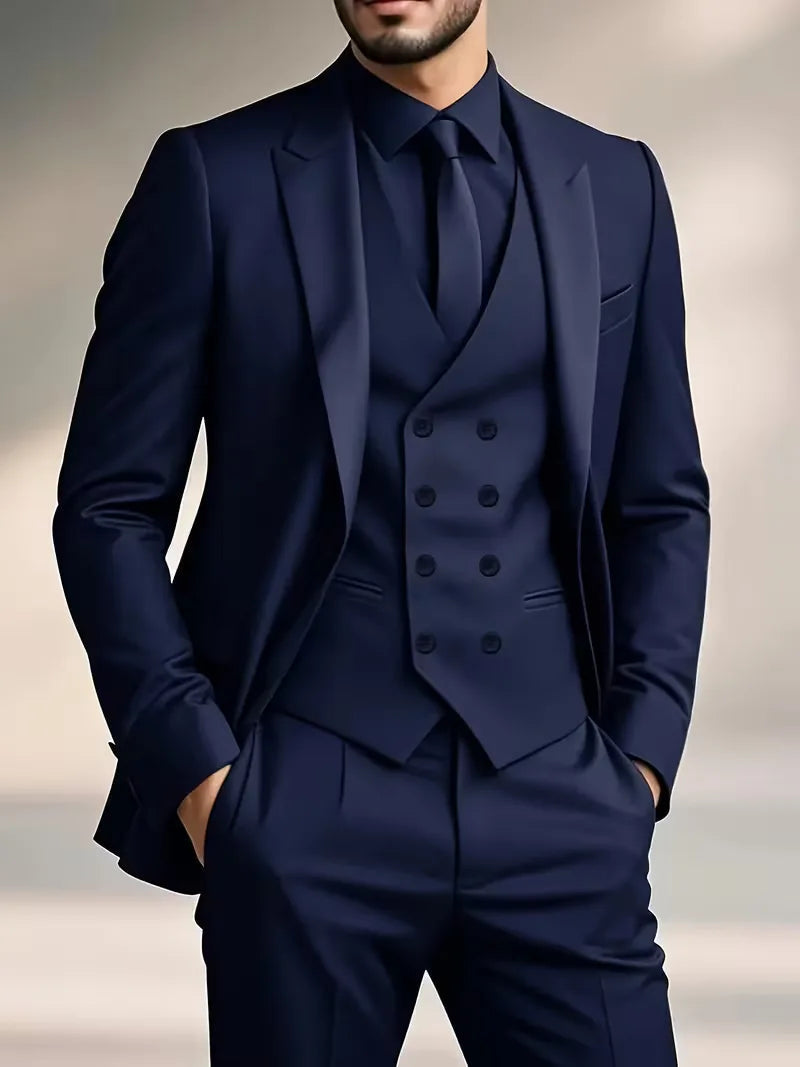 Men's Slim Fit Three-Piece Suit with Double-Breasted Waistcoat