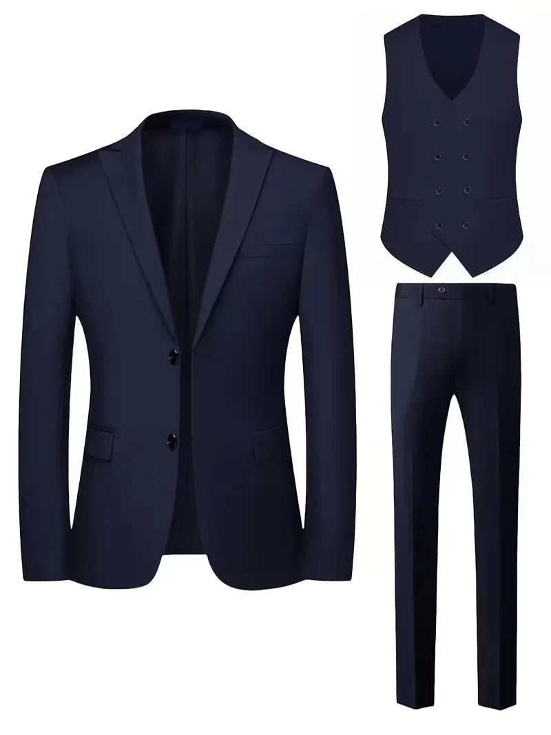 Men's Slim Fit Three-Piece Suit with Double-Breasted Waistcoat