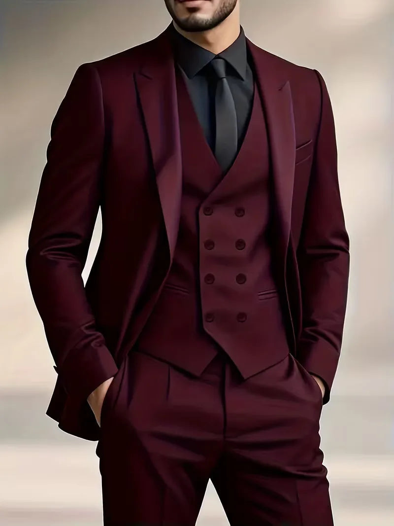 Men's Slim Fit Three-Piece Suit with Double-Breasted Waistcoat