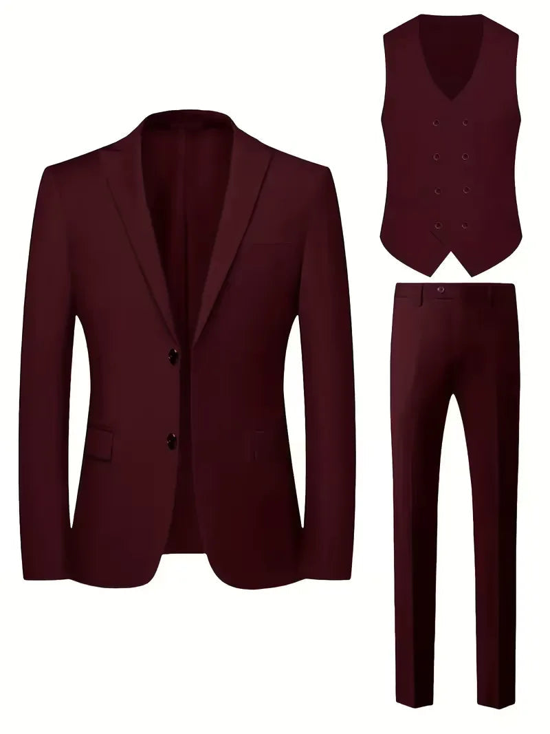 Men's Slim Fit Three-Piece Suit with Double-Breasted Waistcoat