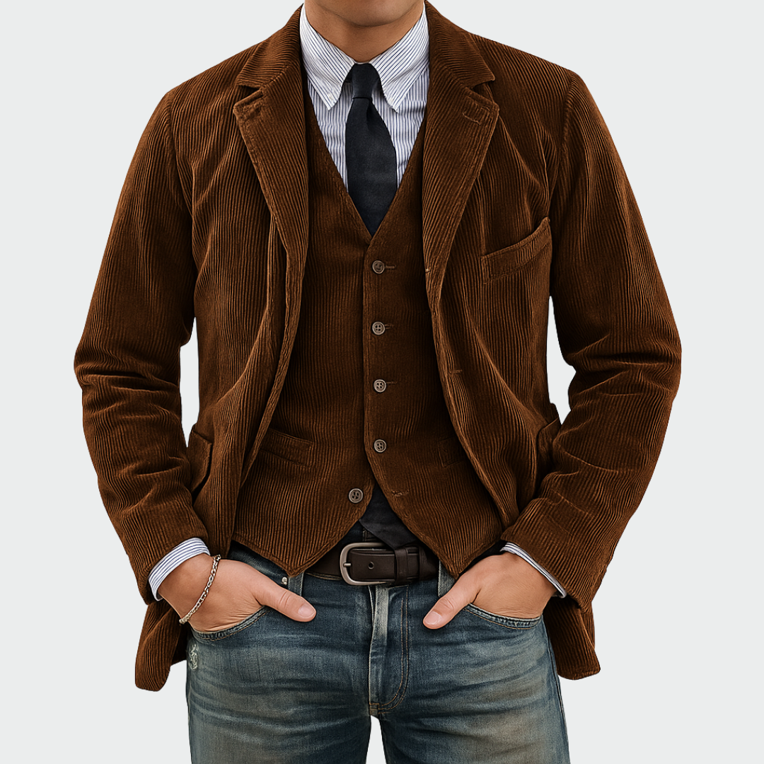 Men's Cord-Look Blazer and Waistcoat Set
