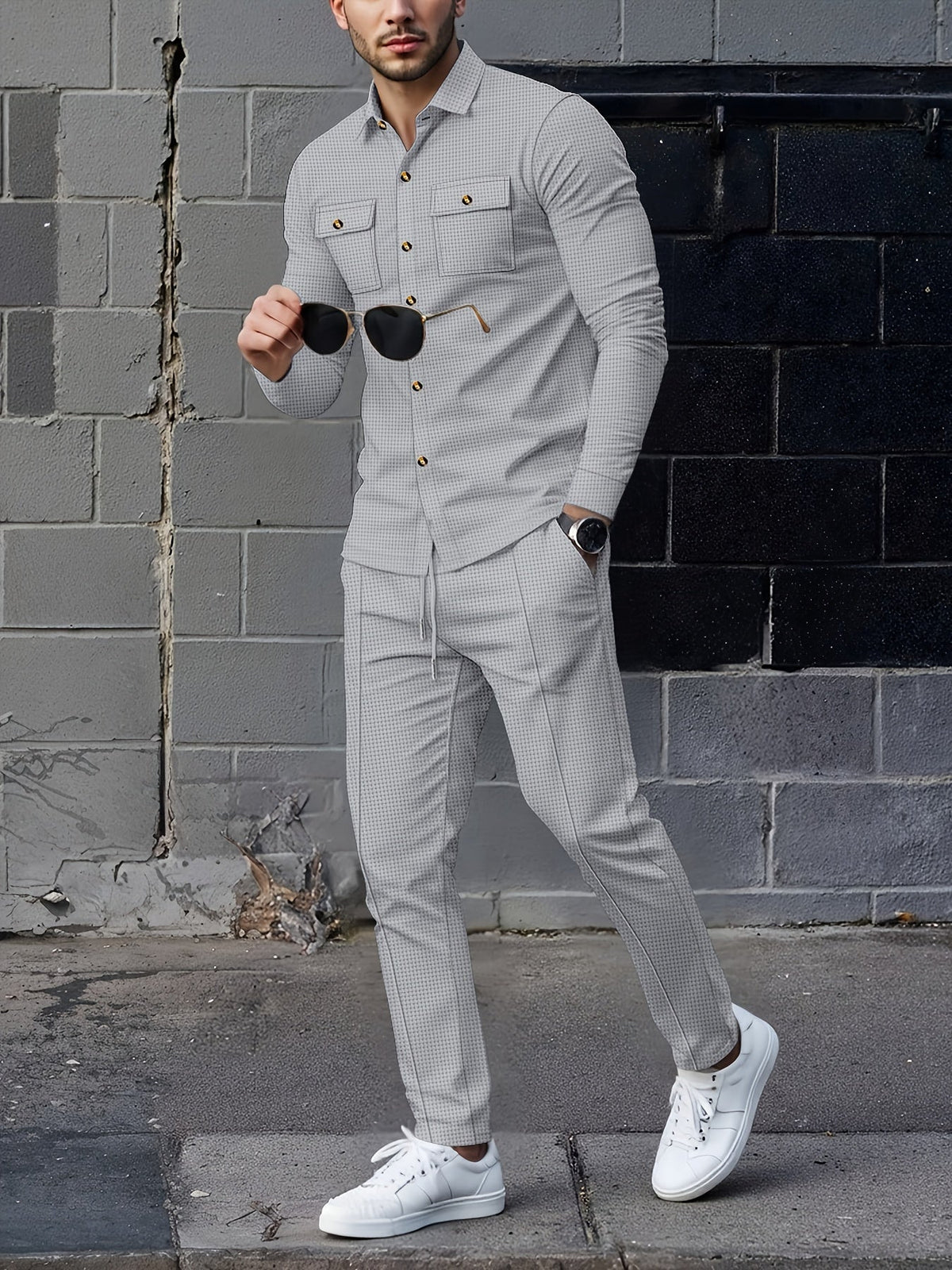 Men's Textured Two-Piece Shirt and Trouser Set