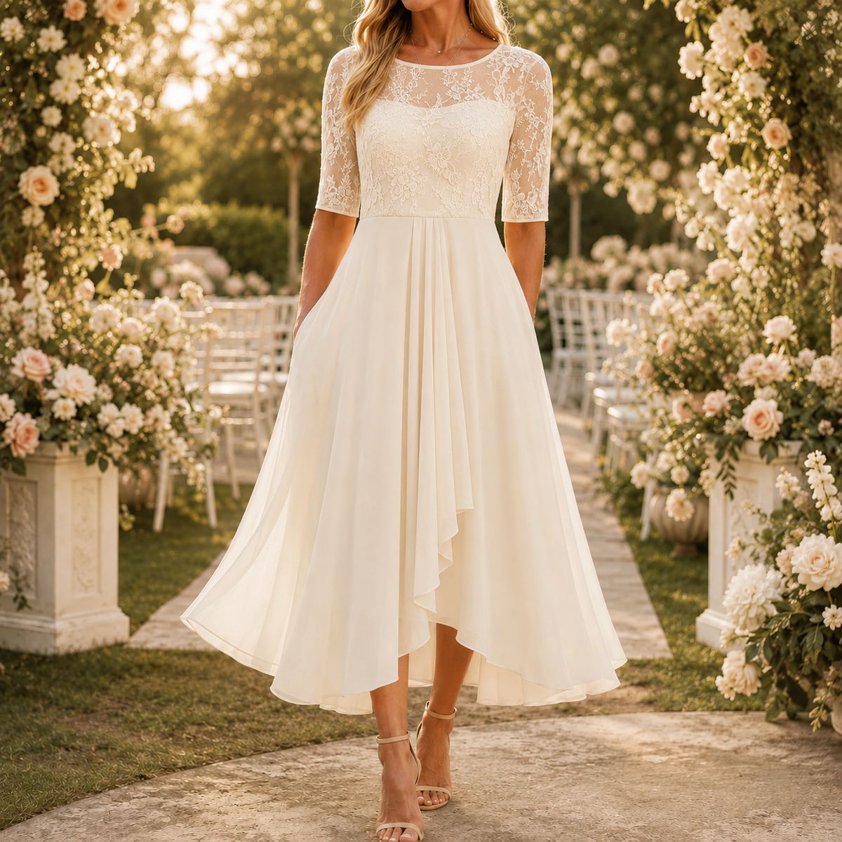 Wedding Guest Dress with Floral Print, Zip and A-Line Cut