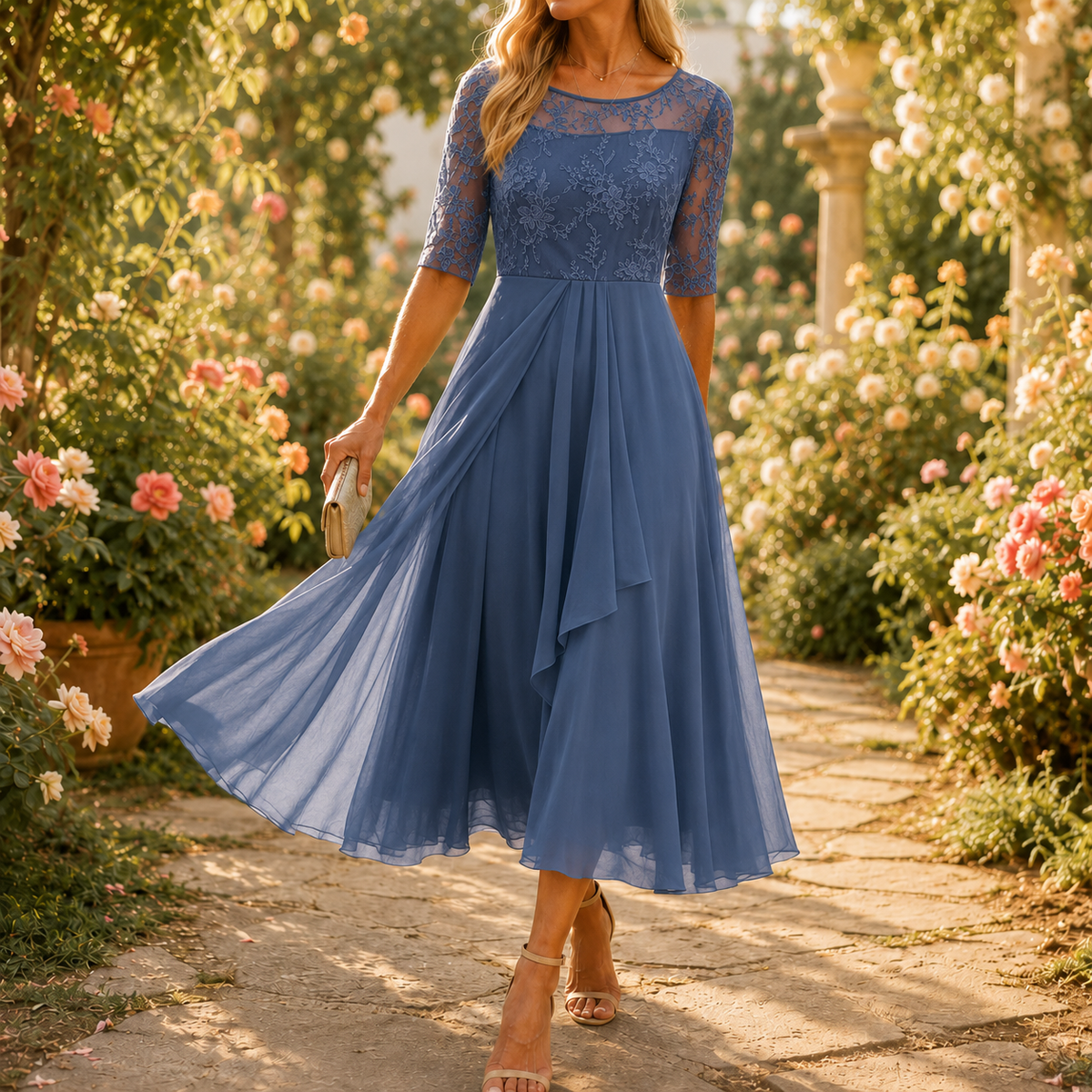 Wedding Guest Dress with Floral Print, Zip and A-Line Cut