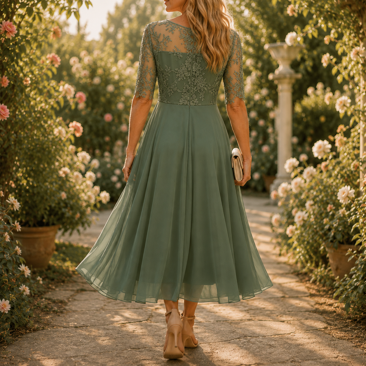 Wedding Guest Dress with Floral Print, Zip and A-Line Cut