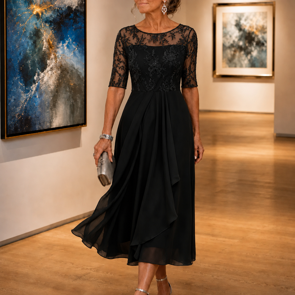 Wedding Guest Dress with Floral Print, Zip and A-Line Cut