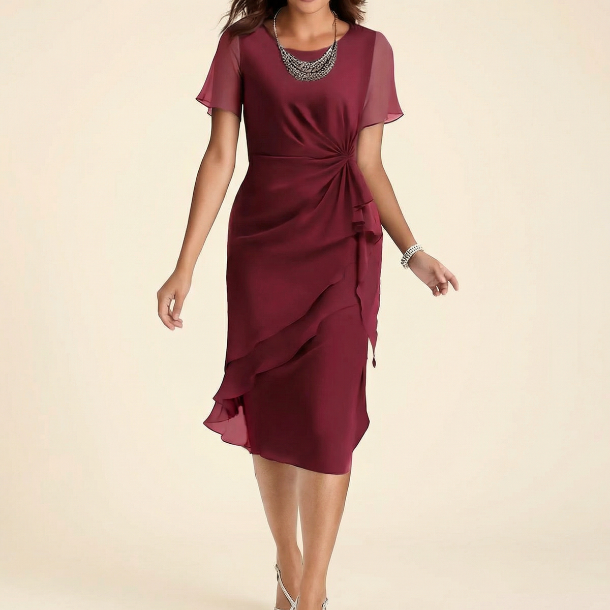 Wedding Guest Dress with Twist Waist and Side Ruffle for Women