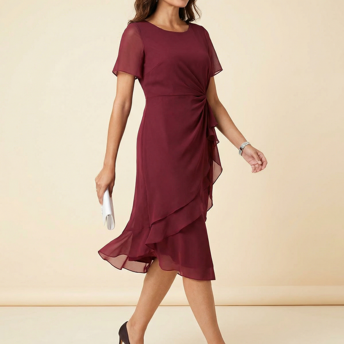 Wedding Guest Dress with Twist Waist and Side Ruffle for Women