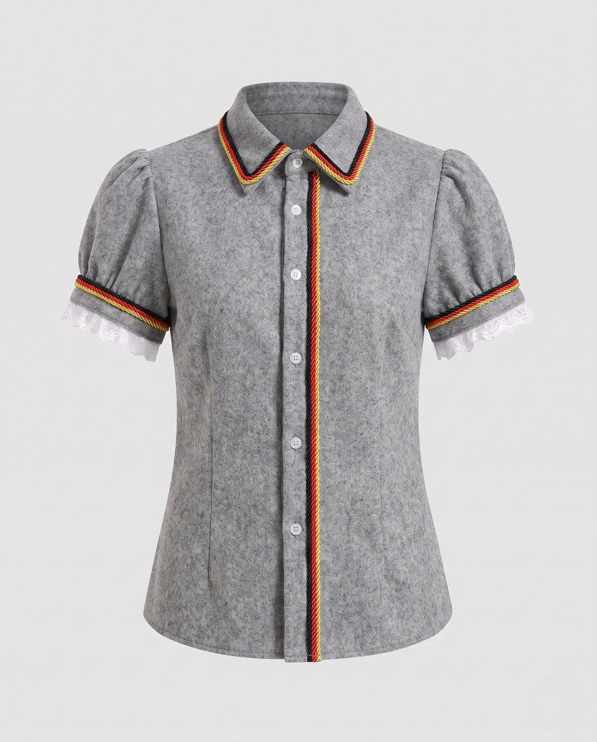 Blouse with Check Pattern and Puff Sleeves for Women