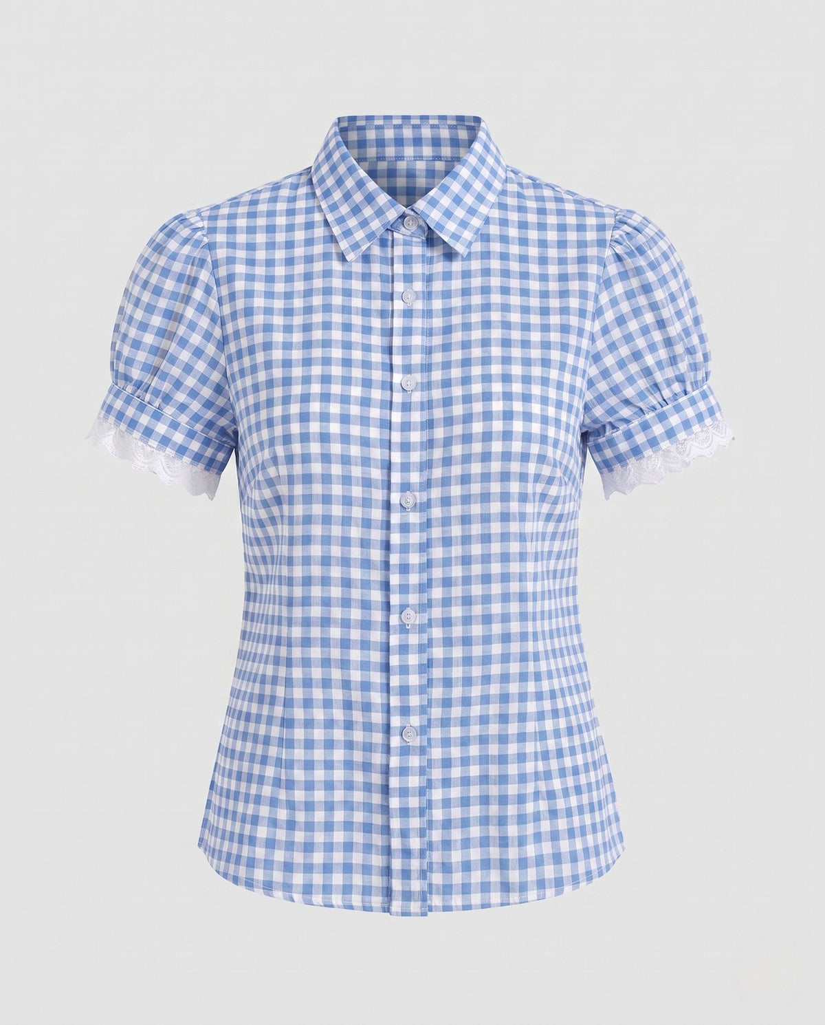 Blouse with Check Pattern and Puff Sleeves for Women