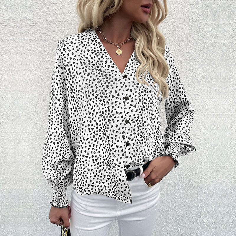 Blouse with Dot Pattern and V-Neck for Women