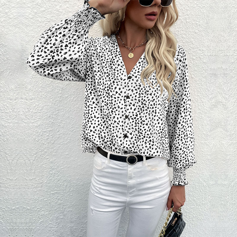 Blouse with Dot Pattern and V-Neck for Women
