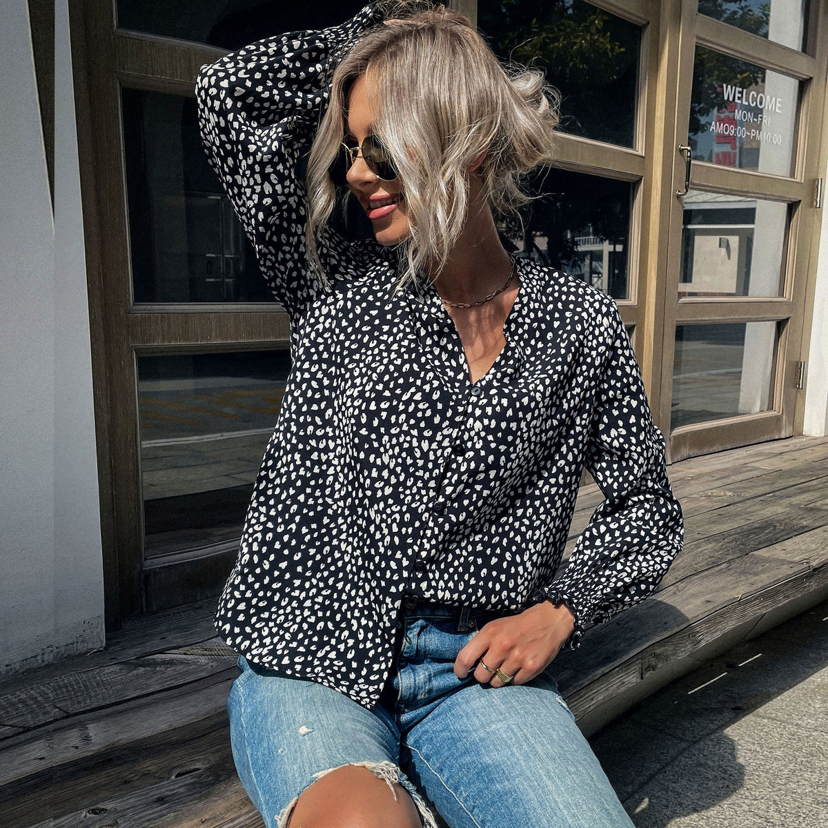 Blouse with Dot Pattern and V-Neck for Women