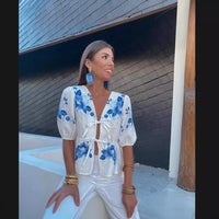 Blouse with Floral Embroidery and Deep V-Neck for Women